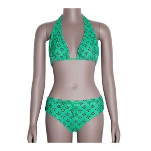 Delias Green Anchor Print Bikini Set Halter Triangle Top Tie Bottom Size M